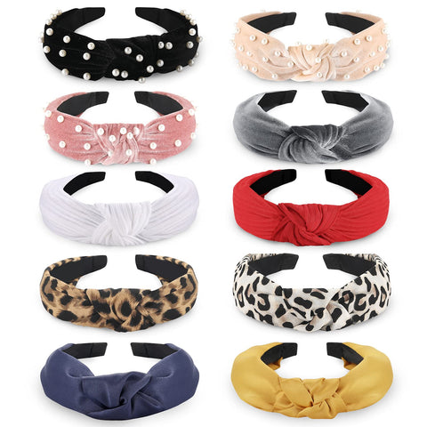 Funtopia Fashion Headbands For Women Girls, Fun Relaxed Fit Topia 10 Pcs Knotted Headbands Pearl Headband Wide Relaxed Fit Top Knot Turban Hair Bands Vintage Velvet Leopard Print Hair Hoops