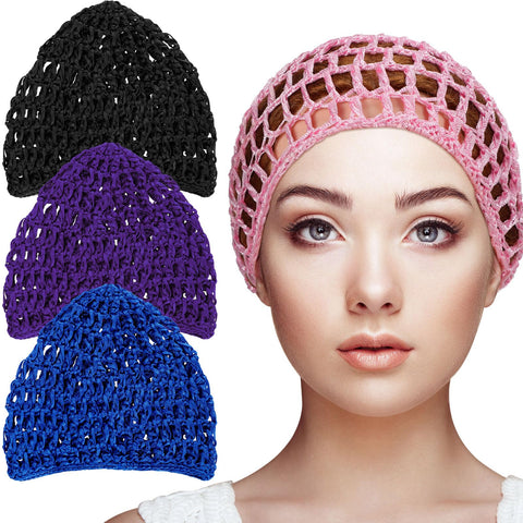 4 Pieces Mesh Crochet Hair Net Crocheted Hair Net Cap Rayon Snood Hat Thick Short Women Hairnet Snoods Cover Ornament for Sleeping (Pink, Black, Blue, Purple)
