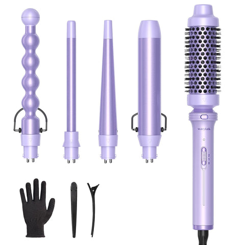 Wavytalk 5-in-1 curling iron, curling brush and 4 interchangeable ceramic curling wands (0.5"-1.25"), instant heating, heat protection gloves and 2 clips included (purple)