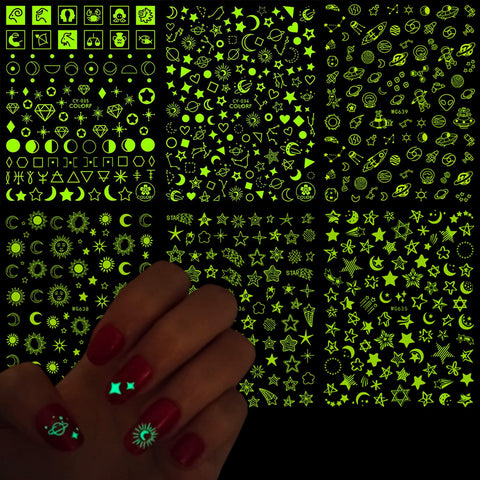 Luminous Nail Art Stickers, Fluorescent Nail Self-Adhesive Decals, Glow in The Dark Nail Art Design, Sun Moon Stars Love Heart Nail Sticker Decoration for Women Girls Manicure 3D Nail Decal(6 Sheets)