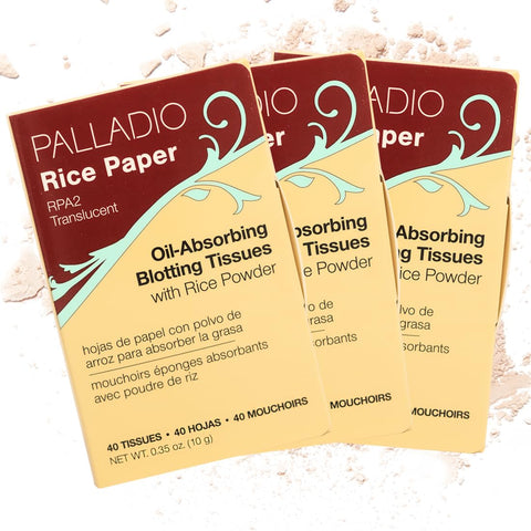 Palladio Rice Paper Tissues, Translucent, 40 Sheets (Pack of 3), Face Blotting Sheets with Natural Rice Powder Absorbs Oil, Helps Skin Stay Looking Fresh and Smooth, Compact Size for Purse or Travel
