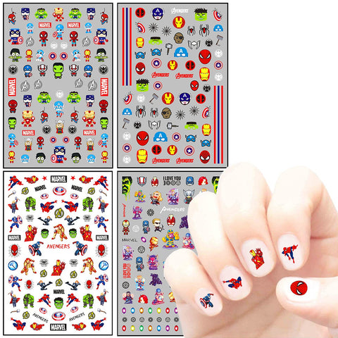 Super Hero Nail Art Stickers 3D Self Adhesive Nail Decals Cute Cartoon Marvel Hero Hulk Spiderman Captain America Nail Sticker Designer for Boys Kids Manicure Tips Party Decoration (4 Sheets)