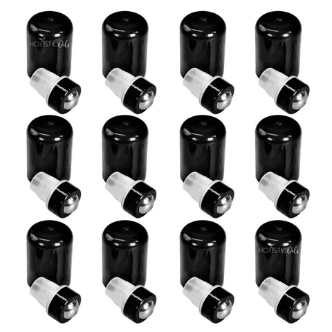 Holistic Oils Essential Oil Roller Tops - Fits Directly Onto 5/15 Ml Essential Oil Bottles From Your Company Of Choice. Pack Of 12 Steel, Leak Proof Snap In Roller Tops. Perfect For Thicker Oils
