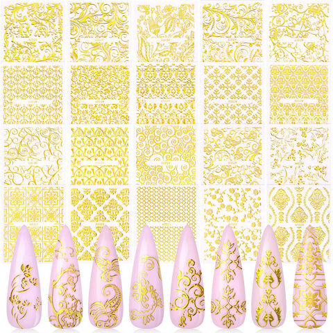 Gold Flowers Nail Art Sticker, KISSBUTY 20 Sheets Metallic Flowers Vine Nail Decals 3D Flower Lace Nail Adhesive Stickers Leaves Nail Art Decor Gold Floral Nail Decor Manicure