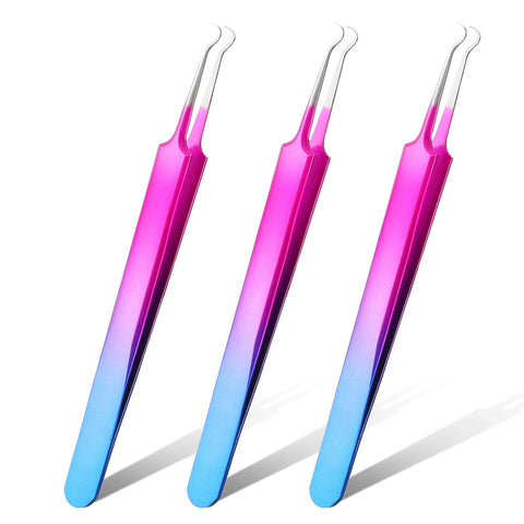3 Pieces Blackhead Tweezers Acne Blemish Stainless Steel Blemish Extractor Tool for Remove Blackhead Acne Whitehead Pimple Bend Curved Tweezer Skin Blackhead Remover Tools (Rainbow Color)