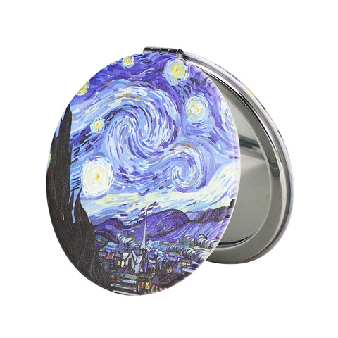 Dynippy Compact Mirror Round Pu Leather Makeup Mirror for Purses Small Pocket Mirror Portable Hand Mirror Double-Sided with 2 x 1x Magnification for Woman Mother Kids Great Gift - The Starry Night