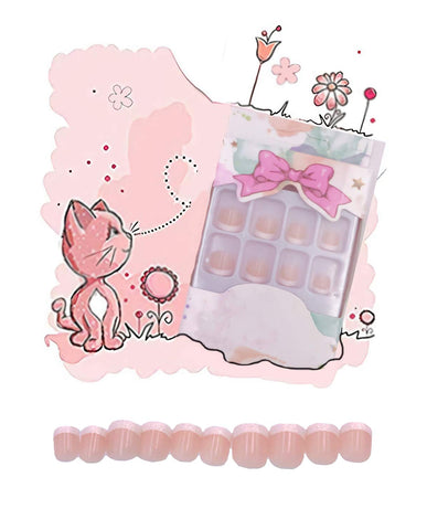 MISUD French Fake Nails 24pcs Classic Natural Short Square Shape with Shiny Edge False Nails for Kids and Teen Girls Full Cover Artificial Nails