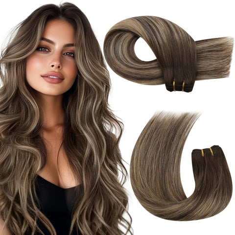Moresoo 24 Inch 100g Per Bundle Human Hair Sew in Weft/Weave Extensions 100% Brazilian Remy Human Hair Extensions Color #4 Fading to #27 and #4 Weft Sew in Extensions