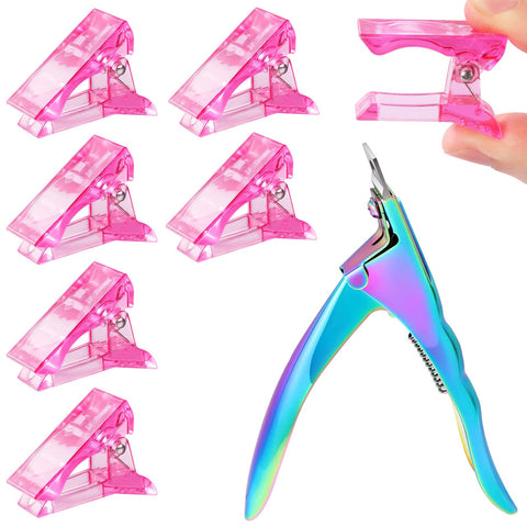 MIKIMIQI 6 Pcs Poly Gel Quick Building Nail Tips Clip Pink Transparent Finger Extension UV LED Builder Nail Tips Clips with 1 Pc Acrylic Nail Tips Clipper Trimmer Cutter for Quick Building Manicure