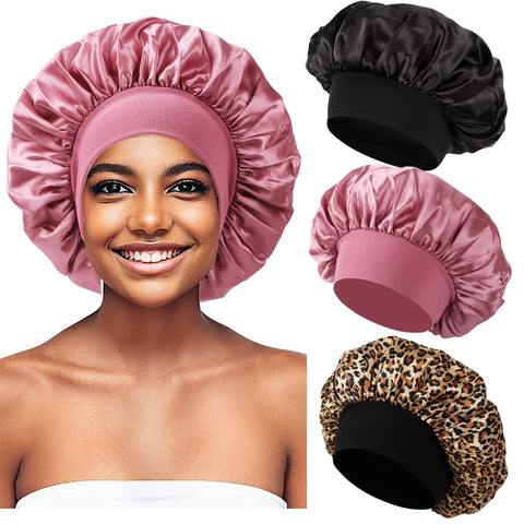 3 PCS Satin Bonnet for Sleeping,Hair Bonnets for Black Women,Satin Bonnet for Curly Hair,Hair Cap for Sleeping,Women Bonnet Pack C, C3-black,rose Gold,leopard, C3-black,rose Gold,leopard