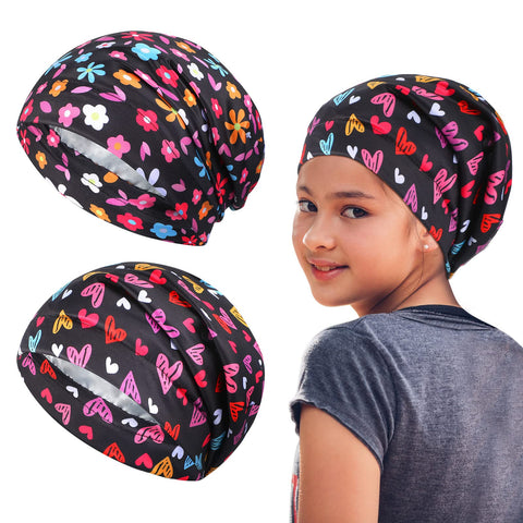 2 Pieces Satin Lined Hair Bonnet for Sleeping Kids Satin Sleep Cap Satin Head Scarf Curly Hair with Elastic Band (Cute Pattern)