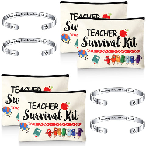 Herdear 8 Pcs Teacher Appreciation Gift Set for Women, 4 Pieces Teacher Makeup Pouch Cosmetic Bags and 4 Pieces Cuff Bangle Bracelets, Graduation End of Year Thank You Gifts for Teacher, silver, Fresh