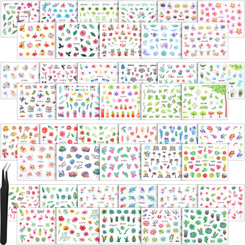 2000+ Pieces Nail Art Stickers Adhesive 3D Nail Decals Stickers Leaf Flower Butterfly Nail Stickers with Tweezers for Women Girls DIY Nails Decorations Favors (Summer Themed Series)