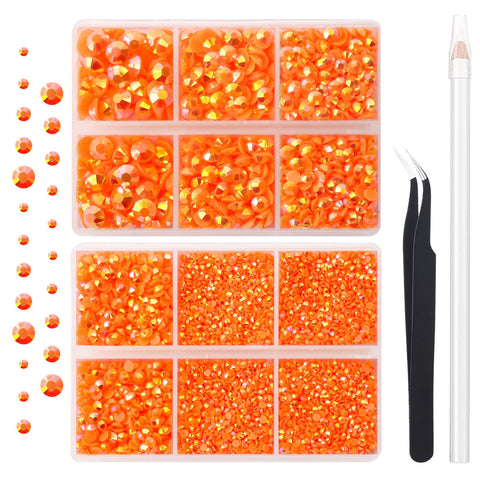 AUREHEN 10000PCs 2-6MM Jelly Orange-red AB Resin Flat Back Rhinestones, Round Non Hotfix Resin Rhinestones Nail Gems Stones with Tweezer & Picker Pen for Tumblers Nail Art & DIY Decoration