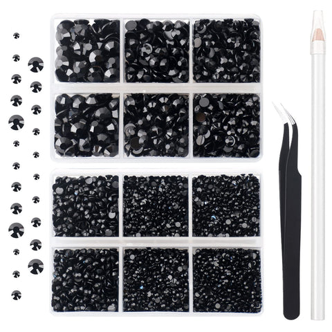AUREHEN 10000PCs 2-6MM Black Resin Flat Back Rhinestones, Round Non Hotfix Resin Rhinestones Nail Gems Stones with Tweezer & Picker Pen for Tumblers Nail Art & DIY Decoration
