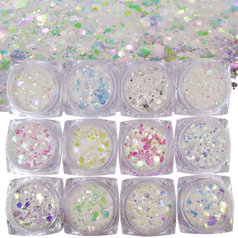 12 Colors Mermaid Chunky Glitter Hexagon Fine Glitter Sequins Powder for Makeup Body Crafts Nail Art