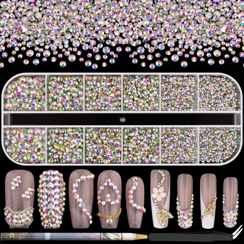 3600pcs Iridescent AB Round Rhinestones 1.8-4mm Flatback for Manicure, 6 Multi Sizes Nail Art Shine Crystal Gem Diamond Bling Set with Tweezer and Pickup Pencil