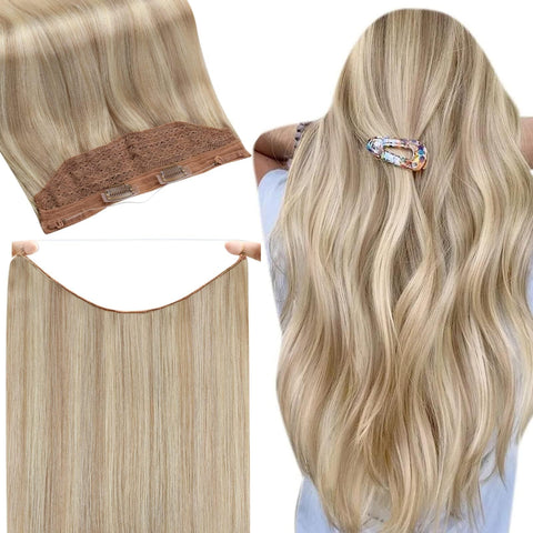 Full Shine Seamless Hair Extensions 18" Halo Real Hair Color #613 Blond lighted With Color #18 Ash Blonde Flip On Invisible Hairpiece 80G Real Human Hair Extensions