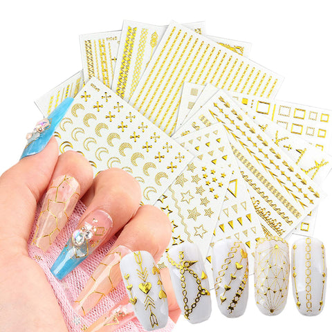 12 Sheets Gold Nail Art Stickers, Metallic Chains Line Heart Triangle Moon Stars Nail Decals 3D Self-Adhesive Nail Art Design, Gold Nail Art Decal Decoration for Women Manicure DIY Nail Sticker