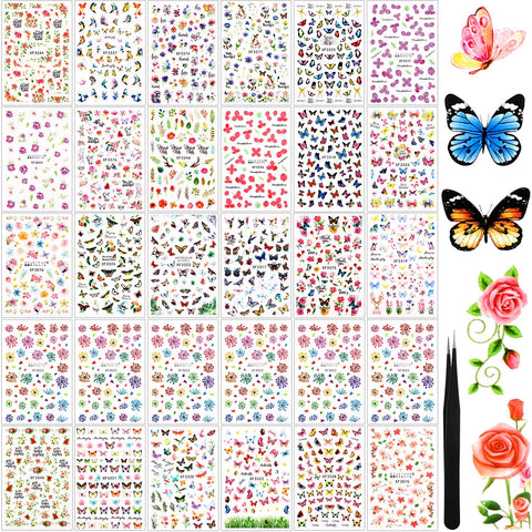 Above 2500 Pieces, 30 Sheets Butterfly Nail Design Stickers Adhesive Leaf Flower Butterfly Nail Stickers Colorful Butterfly Nail Decals with Tweezers for Women Girls DIY Nail Decoration, 30 Styles
