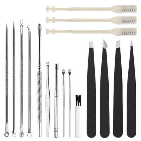 CNYMANY 17-Piece Beauty Tool Set - Black, Stainless Steel - Includes Blackhead Remover, Earwax Removal, Eyebrow Tweezers, Nose Hair Trimmer