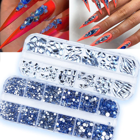 1620Pcs Light Blue Nail Rhinestones Crystals Glass Gems Stones Multi Shapes Sizes Light Blue Round Beads Flatback Rhinestones for Nail DIY Crafts Clothes Shoes Jewelry