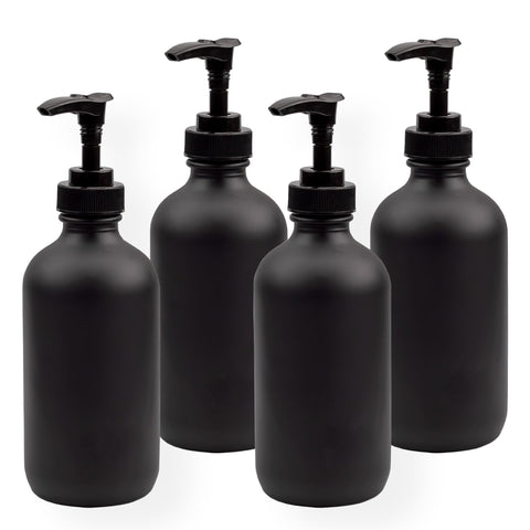 Cornucopia Brands Black Coated 8-Ounce Glass Pump Bottles (4-Pack), Black Plastic Pump Nozzles Included; Great for Lotions, Liquid Soap Dispenser & Hand Sanitizer
