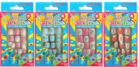 Vivace 4Pack 48Tips Color Changing Under Sun Fake Nails, Artificial Preglued Junior Sticker Nails 11461 etc (Sun 2)