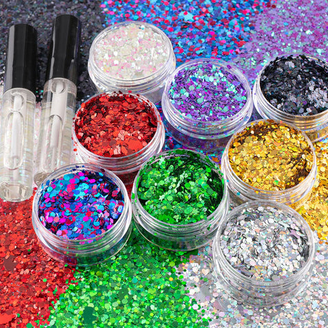 8 Colors of Holographic Chunky Glitter with Quick Dry Glue Pack 2, 8 Pots Total 80g Multi-Shaped for Body Hair Face Eyes Make-up, Nail Art and Bedazzling in Party/Concert/Events Glitter