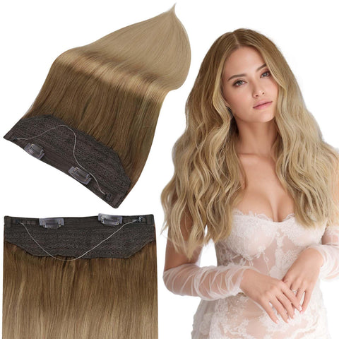 Full Shine 12 Inch Invisible Wire Hair Extensions Real Human Hair 80 Grams With Fish Line Golden Brown Balayage to Medium Blonde Headband Hair Extensions Adjustable Size Hairpiece