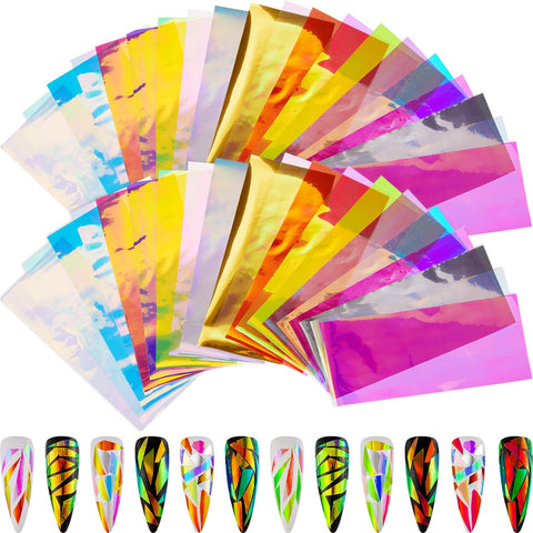 40 Pieces Glass Paper Nail Art Sticker Shinning Reflective Mirror Design Broken Glass Nail Art Stickers Iridescent Glass Paper Nail Decal, 20 Colors