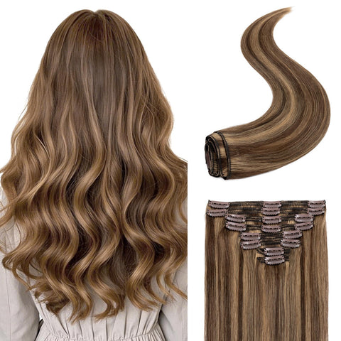 14 =120g, 4/27 Medium brown/dark blonde : s-noilite 10"-22" Thick Double Weft 130-160g Grade 7A 100% Clip in Remy Human Hair Extensions Full Head 8 Piece (14"=120g, 4/27 Medium brown/dark blonde)