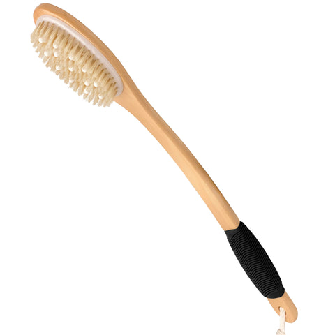 OWIIZI Bath Brush Wooden Curved Long Handle Antiskid Body Shower Brush for Exfoliating, Natural Bristle Back Scrubber for Shower Use Wet or Dry