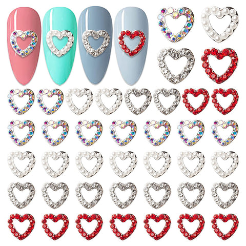 WOKOTO 20Pcs 3D Heart Nail Charms Silver Hearts Nail Jewelrys For Nails 3D Hearts With Rhinestones Pearls For Nails Art Accessory Luxury Nail Gems And Charms For Acrylic Nails Heart Charms For Nails