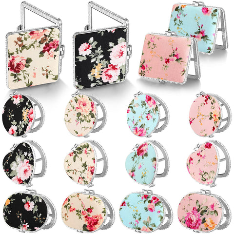 16 Pieces Compact Mirror for Purse Flower Small Compact Mirror Gift Makeup Mirror Floral Pocket Mirror Retro Folding Portable Travel Mirror for Girls Women(Silver Edge)