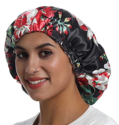 SAYMRE Satin Bonnet Silky Sleep Cap,Adjustable Hair Bonnet for Braids Curly Hair, Normal Black Flower, Small-XX-Large