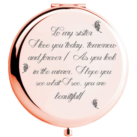 Sister Gifts from Sister Brother, Sisters Birthday Gift Ideas, Rose Gold Compact Mirror with Treasured Message for Mother's Day, Birthday, Christmas, Graduation and Special Celebration