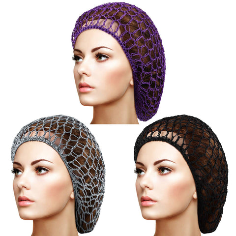 3 Pieces Mesh Hair Net Rayon Crochet Hair Nets Knit Snood Hat Crocheted Sleep Cap (Black, Gray, Purple)