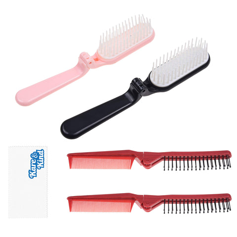 Kare & Kind 4x Foldable Hairbrush and Comb - Pocket-Sized Grooming Tool for Travel - Fine and Wide Tooth Anti-Static Comb and Brush - For Straight, Curly, Fine, Thick Hair - Home, Purse, Gym, Bag, Ca