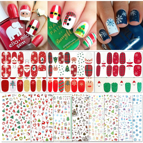 15 Sheets Christmas Nail Decals Stickers, 800 Pcs Self-adhesive Tips and 7 Sets Full Wrap DIY Nail Art Stencil with 1 Nail Buffer File. Include Christmas Tree/Santa/Snowflake/Snowman Etc.