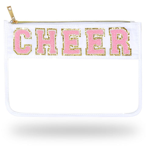 Jeffan 1 Pcs Cheer Gifts Chenille Letter Cheer Bags Patch Makeup Bag Flat Clear Pouch Cheerleading Gifts for Girls Cheer Teams, Beige, Cheer Bag