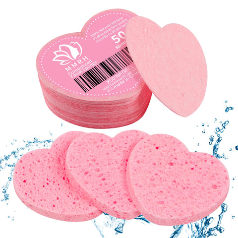 MMRH Heart Shape Compressed Facial Sponges - Natural Cleansing and Exfoliating Pads - Reusable 50 Pieces (Pink)