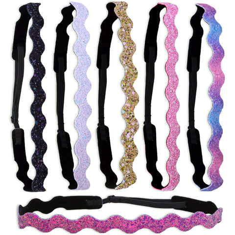 FROG SAC 6-Pack Zig Zag Glitter Elastic Headbands for Girls, Women & Teens; Adjustable Non-Slip Thin Stretch Wavy Headbands; Yoga & Sport Head Wraps