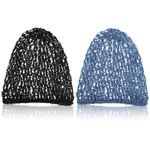 Waydress 2 Pieces Mesh Hair Net Rayon Knit Snood Women Crocheted Sleep Cap, Black, Blue, approx. 7.2 x 8.4 inch/ 18 x 21 cm