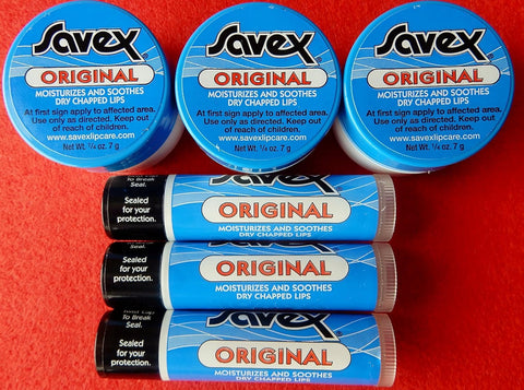 6 X SAVEX 3 ORIGINAL JARS & 3 STICKS LIP BALM FOR DRY & CHAPPED LIPS. MADED IN USA. UP-GRADE TO EXPEDITED MAIL. U.S. SELLER