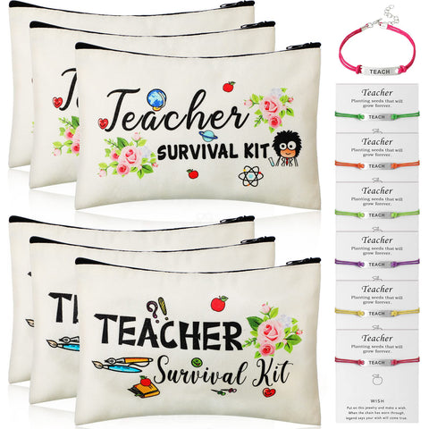 12 Pieces Teacher Appreciation Present Set, 6 Pieces Teacher Survival Kit Bag Makeup Pouch Pencil Bag, 6 Pieces Teacher Blessing Card Bracelet, Teacher Cosmetic Bag Kit for Teacher's Day (20 x 13.5 cm)