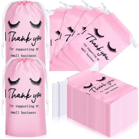 100 Pcs Eyelash Aftercare Bags Pink Eye Lash Print Drawstring Makeup Bag Empty Beauty Gift Bags for Clients Aftercare Eva Makeup Pouch Sample Bags for Women Girl Small Business Supplies, 4 x 6 Inches, mainly pink