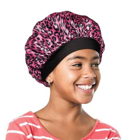 Red by Kiss Kids Satin Bonnet with Wide Band, Sleep Cap, Shower Cap for Kids (Pink Leopard)