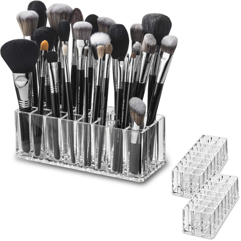 byAlegory (Set Of 2) Acrylic Makeup Brush Organizer 24 Space Storage w/ Deep Slots For Cosmetic Beauty Brushes Refillable Container - Clear