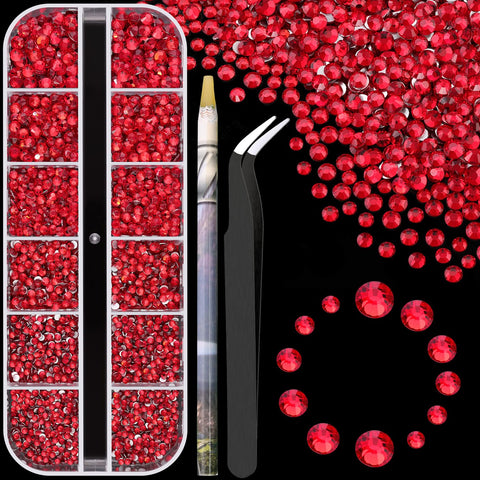 3600pcs Glass Red Nail Rhinestones 6 Sizes(1.8/2/2.4/2.8/3/4mm) Flatback Crystal Nail Charms Jewels Decoration for Nail Art and Crafting, Tweezer and Pickup Pen Included